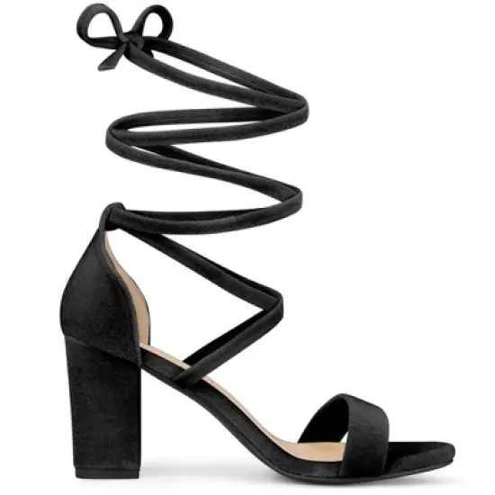 Allegra K Women's Velvet Lace-Up Chunky Heel Sandals image {5}