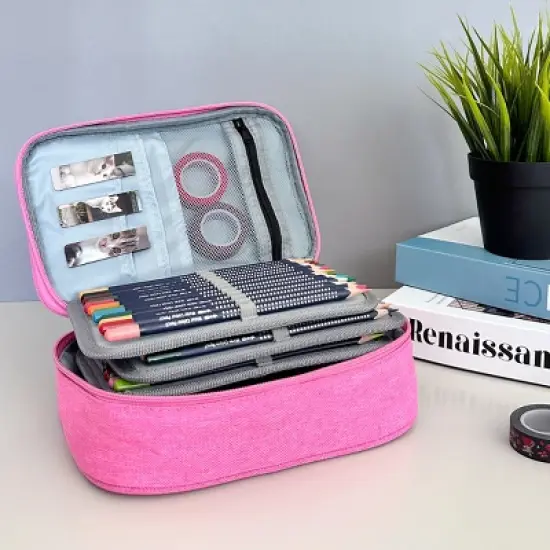 Wrapables Large Capacity 72 Slot Pencil Case for Colored Pencils, Stationery Pouch, Pink image {2}