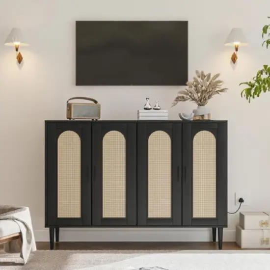 Whizmax Rattan Sideboard Buffet Cabinet, 4 Doors Accent Storage Cabinet, Console Table Coffee Bar,Adjustable Shelves for Kitchen, Hallway, Living Room image {2}