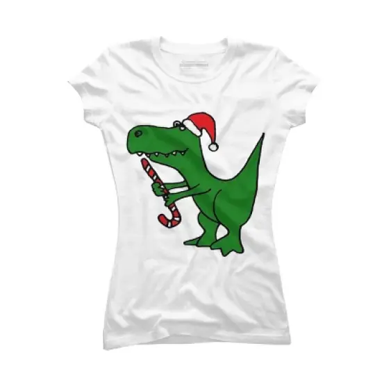 Junior's Design By Humans Funny Christmas Green T-rex Dinosaur By SmileToday T-Shirt image {4}