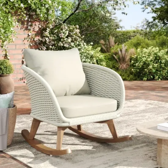 Christopher Knight Home Hattie Patio Contemporary Rattan and Acacia Wood Rocking Chair with Cushion image {1}
