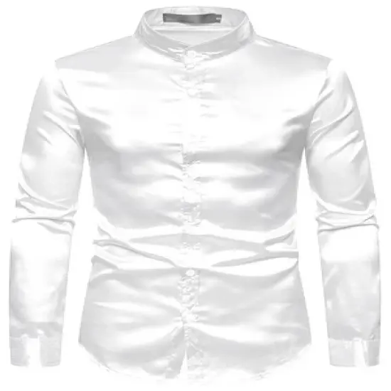 Lars Amadeus Men's Satin Long Sleeves Band Collar Button Down Solid Prom Satin Shirts image {6}