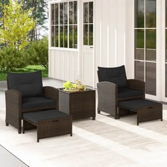 Costway 5 Piece Patio Rattan Furniture with 2 Ottomans & Tempered Glass Coffee Table Black/Off White/Navy/Red/Gray image {3}