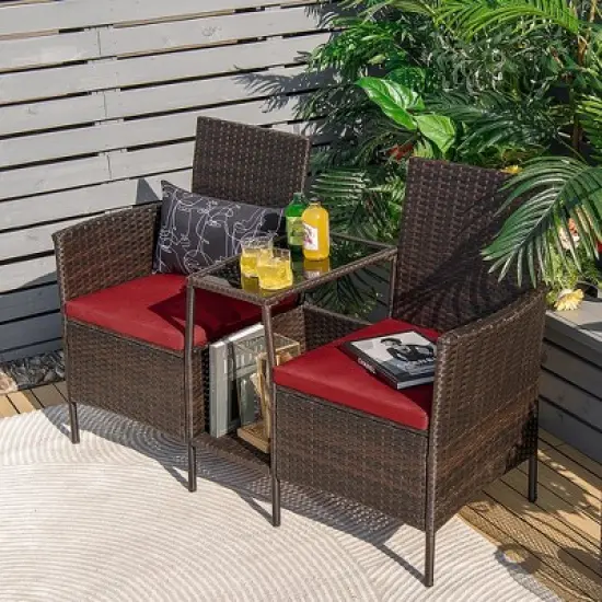 Costway Patio Rattan Wicker Conversation Set Sofa Cushioned Loveseat Glass Table image {1}