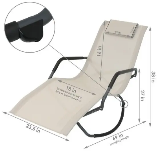 Sunnydaze Outdoor Folding Rocking Chaise Lounge Chair with Headrest Pillows - Beige - 2pk image {2}