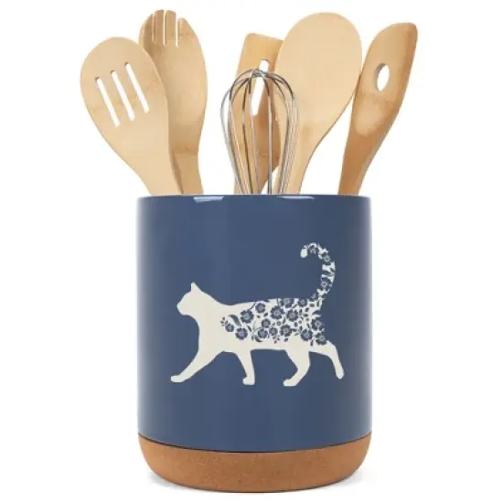 Elanze Designs Floral Cat Flowers Arrangement Kitten Ceramic Cork Bottom Navy Blue Large Capacity Utensil Holder Crock for Countertop Storage, Stylish image {4}