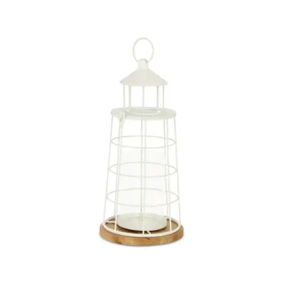 HomeRoots 15" White And Natural Metal And Wood Lighthouse Tabletop Lantern Candle Holder image {4}