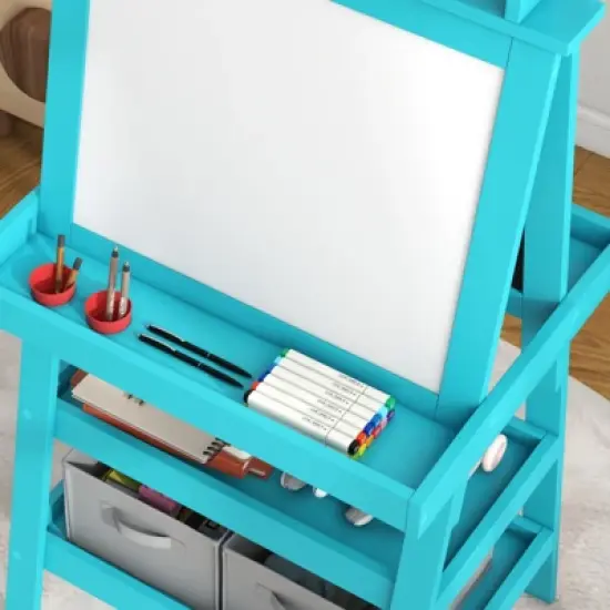 FONTOI Easel for Kids, Double Sided Kids Art Easel with Paper Roll, Chalkboard & Storage, Standing Toddler Easel, Blue, 18.9"*46.5"*23.2" image {3}