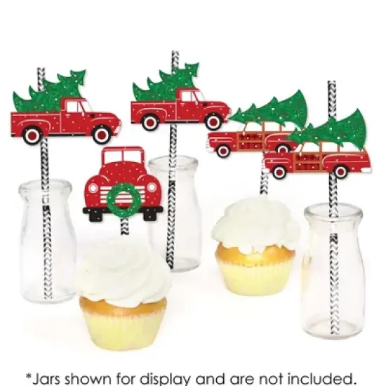 Big Dot of Happiness Merry Little Christmas Tree - Paper Straw Decor - Red Truck and Car Christmas Party Striped Decorative Straws - Set of 24 image {3}