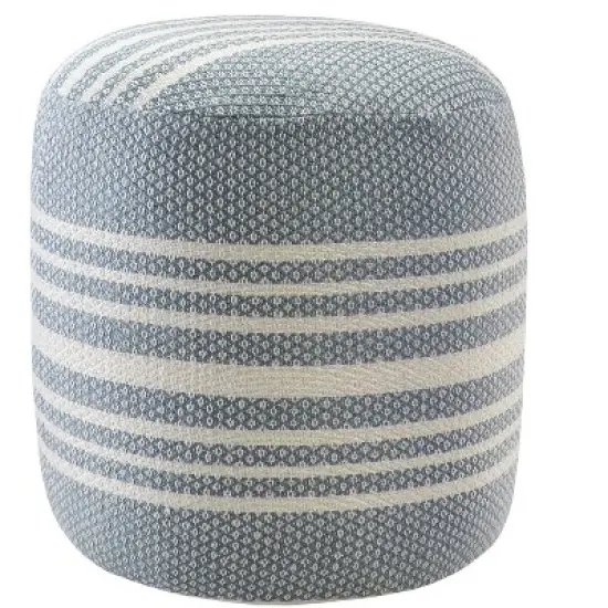 HomeRoots 20" Blue Polyester Round Striped Indoor Outdoor Pouf Ottoman image {4}