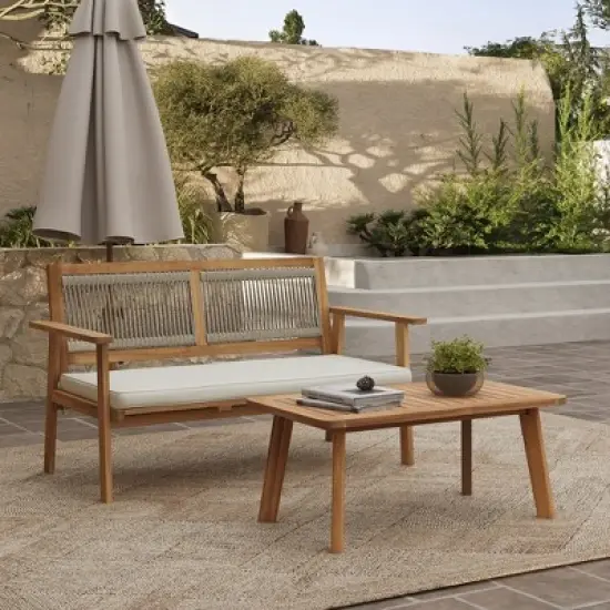 LuxenHome Outdoor Acacia Wood Rope Back Loveseat with Cushions and Coffee Table Set image {1}