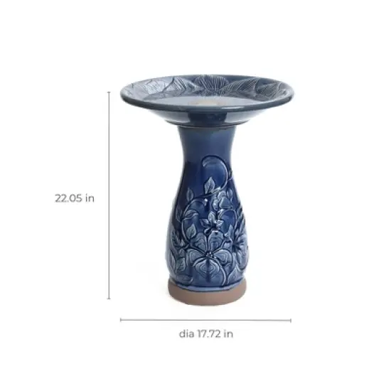 LuxenHome 22" Elegant Tall Ceramic Bird Bath for Outside with Floral Pattern, Deep Blue image {7}