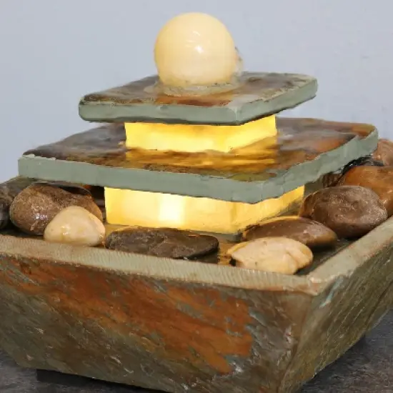 Sunnydaze Indoor Home Office Slate and Polished Stone Ball Tiered Tabletop Water Fountain with LED Light - 8" image {6}