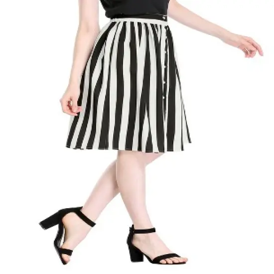 Allegra K Women's Stripes Button Front Elastic Back A-Line Midi Skirt image {4}