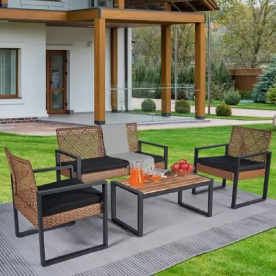 Aukfa Modern Weave 4-Piece Outdoor Patio Conversation Set with Cushions and Wood-Top Coffee Table - Noir Garden Sofa & Chair Set image {4}