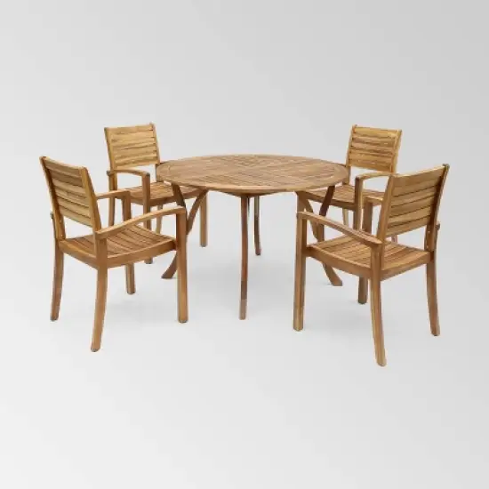 Wells 5 pc Acacia Wood Round Dining Set Teak Finish - Christopher Knight Home image {1}