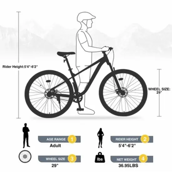 Gulches All-Terrain Single Speed Mountain Bike 29 Inch Wheels, Steel Frame, Front Suspension, Dual Disc Brakes, Unisex for Men, Women, Boys & Girls image {2}