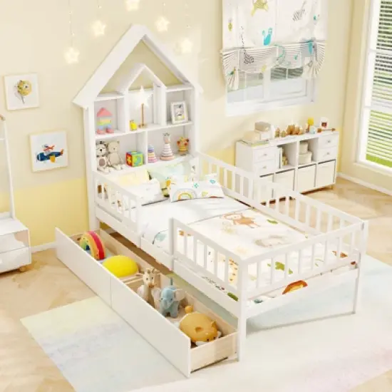 Tangkula Twin Size House Bed w/ 2 Drawers Kids Montessori Bed w/ Storage Headboard image {9}
