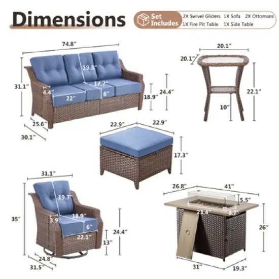 POCASSY 7 Piece 6 inch Thick Upholstered Cushion Patio Furniture Set with Fire Pit Table, All Weather Brown Wicker Outdoor Conversation Set for Deck image {15}