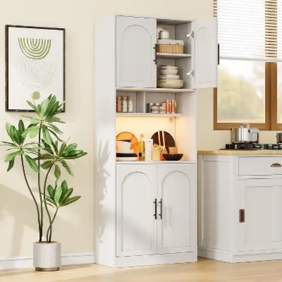 Kitchen Pantry Cabinet with RGB Lighting, Farmhouse Wood Hutch with Barn Doors, Microwave Stand, Two Open Shelves, Large Storage Cupboard image {7}