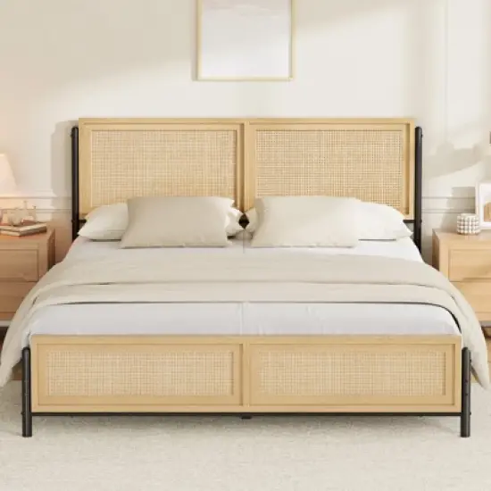 Garvee Bed Frame with Natural Rattan Headboard and Footboard, Wooden Platform No Box Spring Needed, Noise-Free Metal Bedframe image {2}