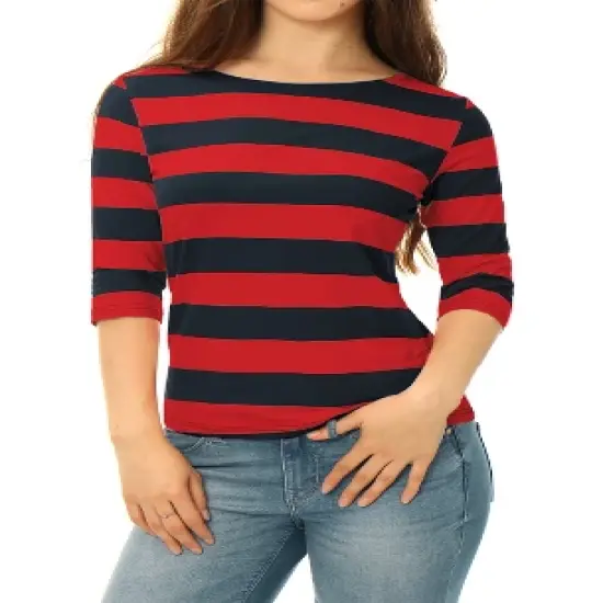Allegra K Women's Elbow Sleeves Casual Basic Boat Neck Slim Fit T-Shirts image {11}