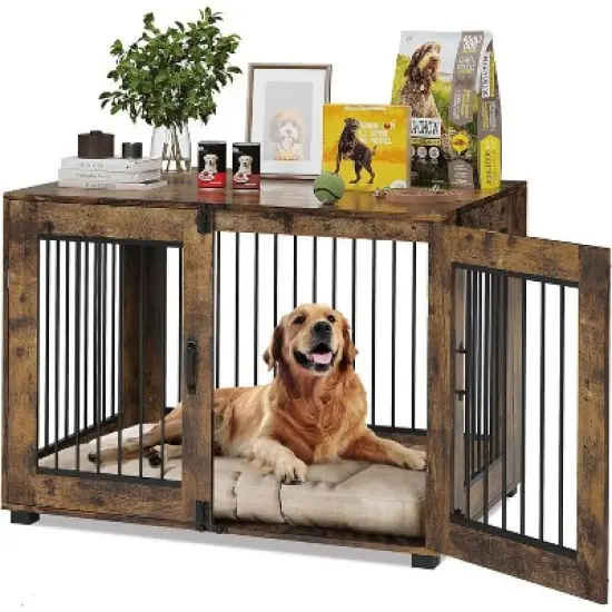 Wooden Dog Crate with Dual Locking Doors, Chew-Resistant Breed Indoor Kennel, Pet Cage End Table image {8}