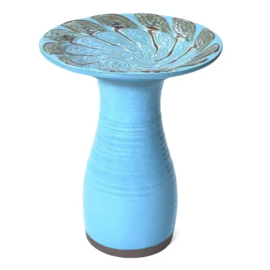 LuxenHome 20" Elegant Tall Ceramic Bird Bath for Outside with Leaf Pattern, Sky Blue image {7}