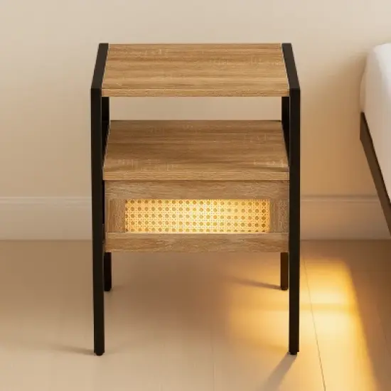 KWPZQEB Rattan Night Stand Bedside Table with Rattan Drawer and Open Storage Shelf, Farmhouse Bed Side Tables End Table for Living Room, Bedroom image {1}