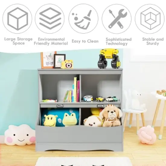 Costway Children's Multi-Functional Bookcase Toy Storage Bin Kids Floor Cabinet GreyWhite image {5}
