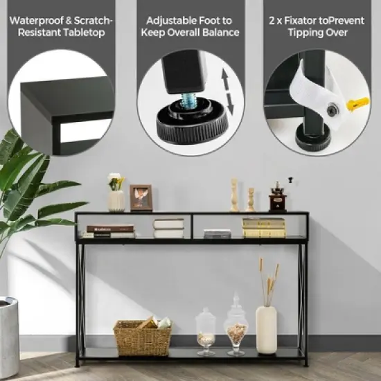Costway Steel Frame  Console Table with Open Shelf and Storage Compartments  Black image {6}