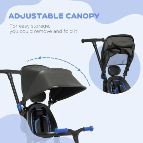 Qaba 3-in-1 Toddler Trike, Push Tricycle, & Balance Bike with Adjustable Settings, Toddler Push Bike, Baby Bike with Shady Canopy, Ages 1.5-4, Blue image {4}