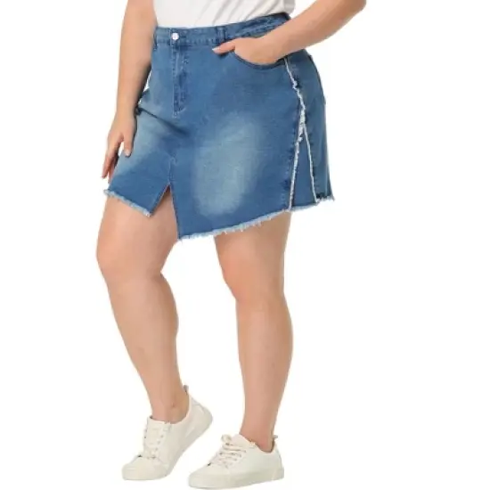 Agnes Orinda Women's Plus Size Denim Asymmetrical Slit Fashion Pockets Raw Hem Mini Skirts image {5}