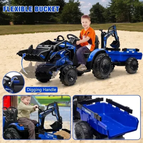3-in-1 Ride-on Car, Ride-on Tractor with Bucket, Excavator Trailer with Remote Control, EVA Tires, LED Lights, Music, USB Port image {3}