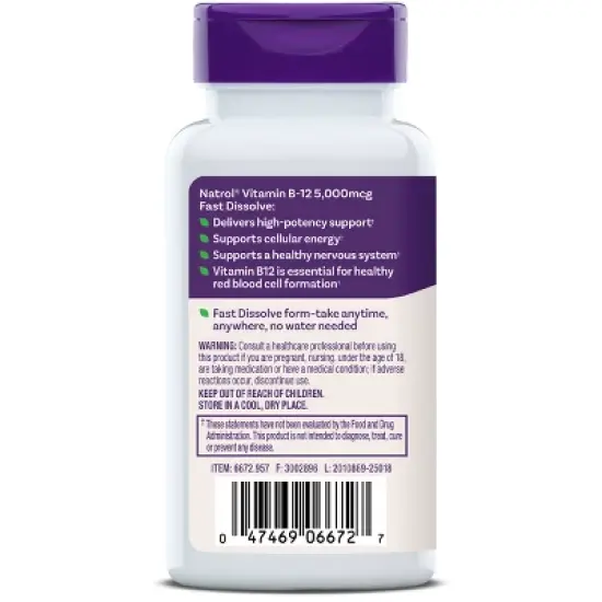 Natrol Vitamin B12 to Support a Healthy Nervous System and Energy Metabolism - Fast Dissolve Tablets - Strawberry - 60ct image {9}