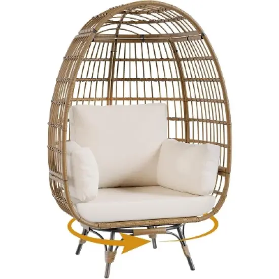 Outdoor 360 Swivel Egg Chair, Oversized Egg Lounge Chair w/Steel Frame and 4 Thick Cushions Chairs for Indoor Porch, Backyard, Living Room image {7}