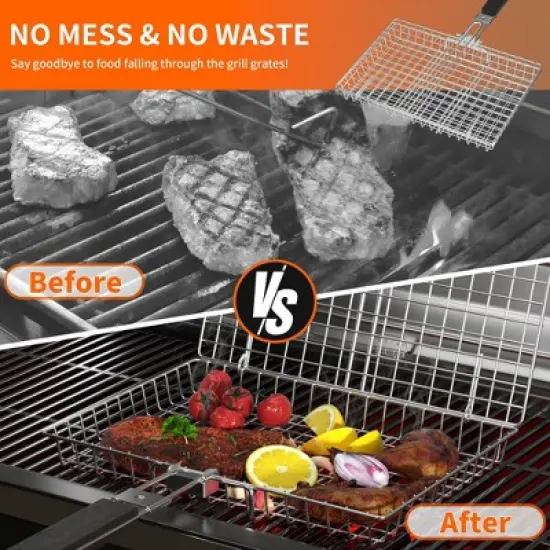 PAIHOME Stainless Steel BBQ Grill Basket with Cleaning Brush, Locking Non-Stick Grilling Tool for Ingredients, Outdoor Barbecue Accessories image {6}