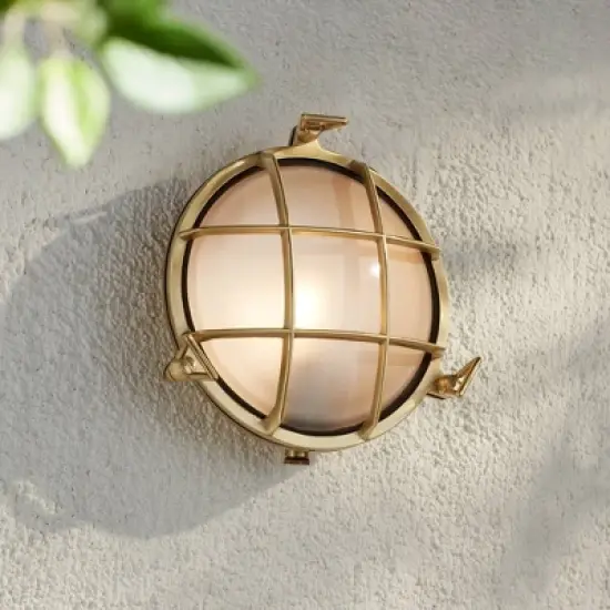 Possini Euro Design Anjali 10" High Industrial Outdoor Wall Light Fixture Mount Porch House Bulkhead Weatherproof Gold Brass Finish Glass Shade image {1}