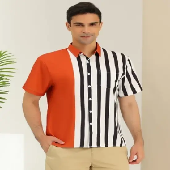 Lars Amadeus Men's Summer Hawaiian Short Sleeves Button Down Color Block Stripe Patchwork Shirts image {1}