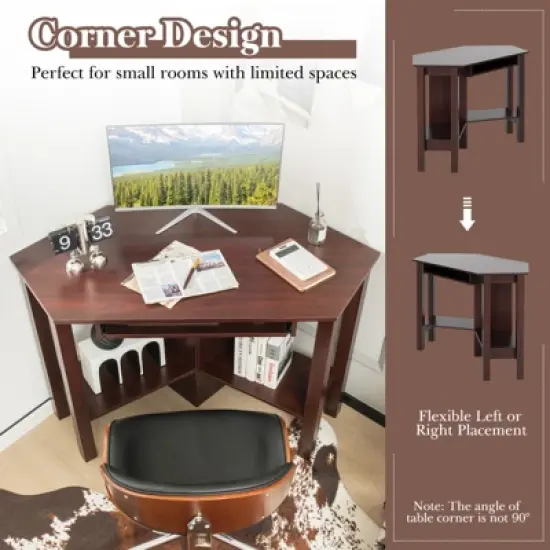 Costway Wooden Corner Desk With Drawer Computer PC Table Study Office Room Brown image {5}