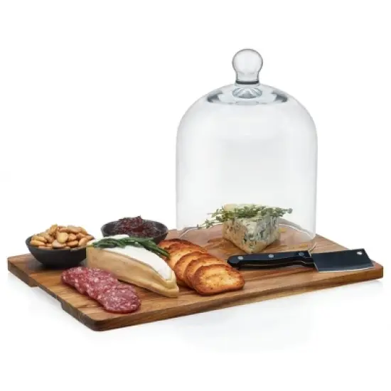 Libbey Acaciawood 4 Piece Cheese Board Serving Set with Glass Dome image {5}