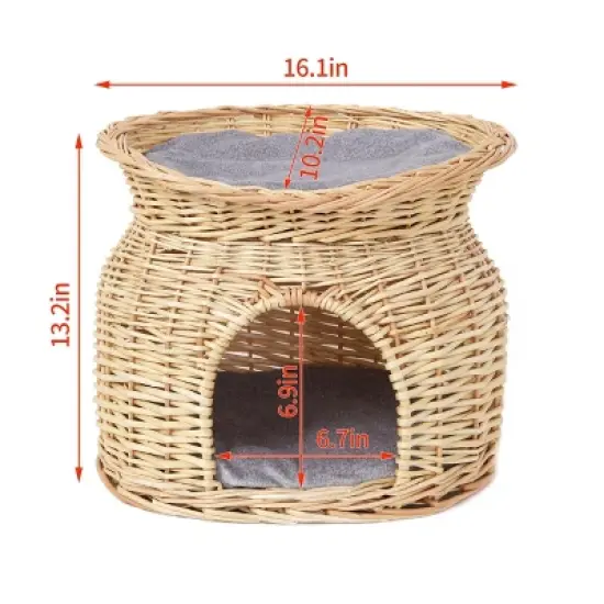 Artloge Double Handwoven Rattan Elevated Cat Bed Dome Wicker Pet Basket Elevated Pet Condo Indoor with Soft Cushions for Multiple Kittens image {3}