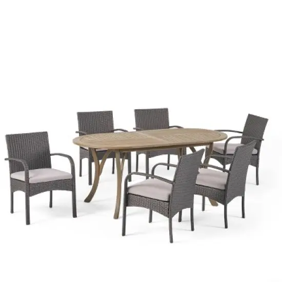 Mason 7pc Acacia Wood & Polyethylene Wicker Dining Set: Christopher Knight Home, Cushioned Chairs image {1}