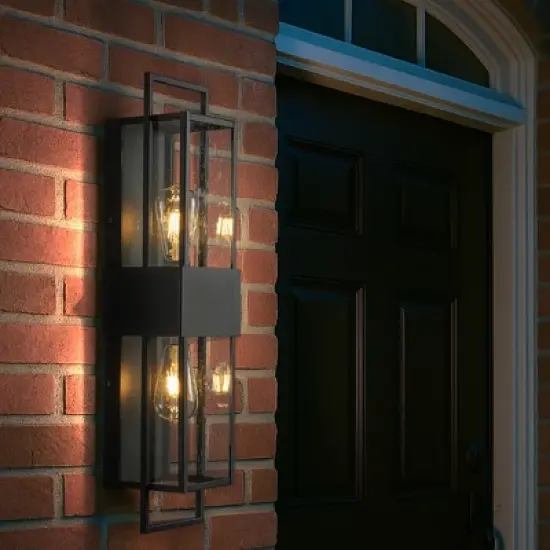 ALOADECOR Modern Outdoor Wall Light with Dusk to Dawn Sensor H26'' Black  with Seeded Glass 2-Light Waterproof Sconce for Porch Garage image {4}