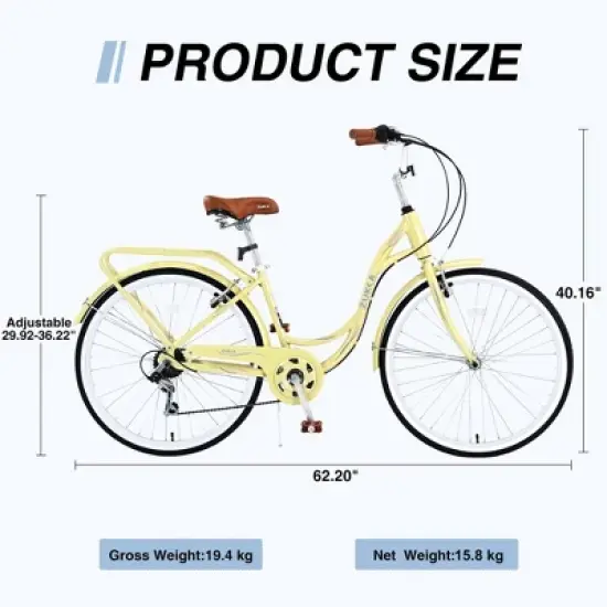 NAYSAYE Bicycle 7 Speed Steel Frame 24 Inch Ladies Bike for Commuting and Leisure for City Rides, Yellow, 62.2"*23.62"*40.16" image {4}