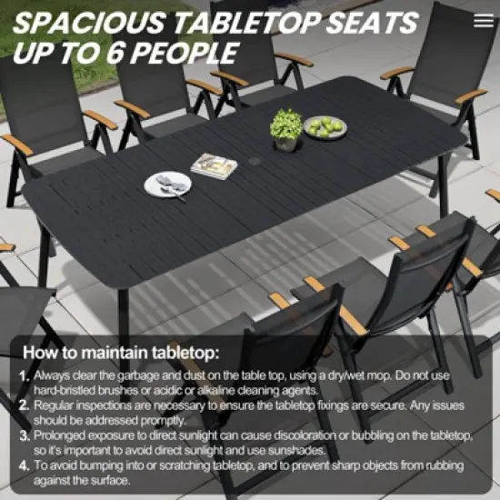 Crestlive Products 7pc Outdoor Dining set Patio Rectangle Table with Folding Chairs Aluminum Frame with Wood-Like Tabletop and Umbrella Hole image {11}