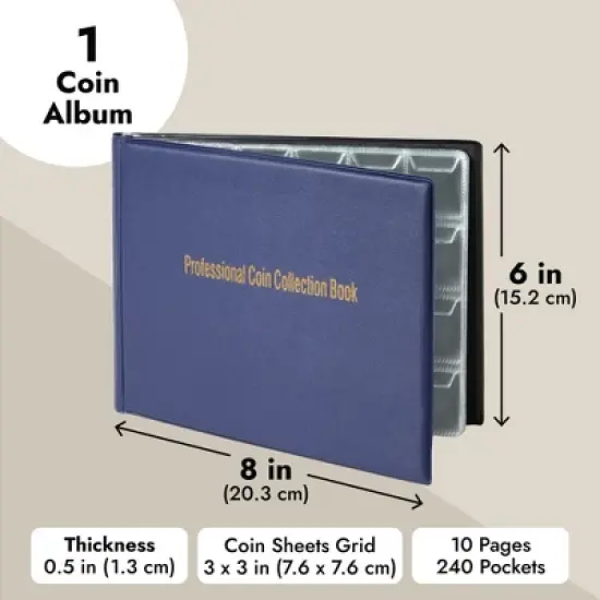 Juvale 240 Pocket Coin Holders for Collectors - Coin Collection Album for Pennies, Quarters, Rare Coins (Dark Blue) image {6}