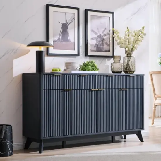 60" Buffet Sideboard Cabinet, Fluted Coffee Bar Table with 3 Drawers & 4 Doors, Modern Sideboard for Dining Room, Living Room image {2}