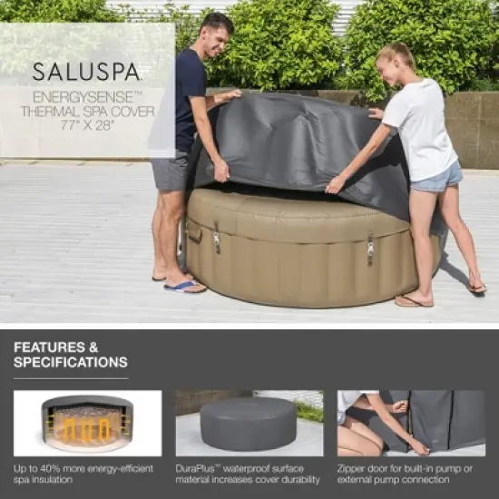 SaluSpa 77 x 28 Inch EnergySense Insulating Round Thermal Spa Cover with DuraPlus Weatherproof Material and Zippered Door for Pump, Gray image {1}