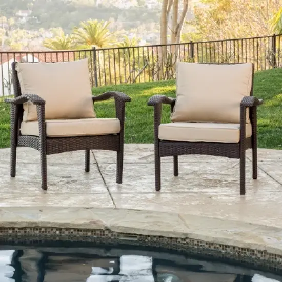 FIONECA Brown PE Rattan Outdoor Club Chair with Waterproof Cushion, Patio Single Sofa for Garden, Porch, or Poolside image {3}